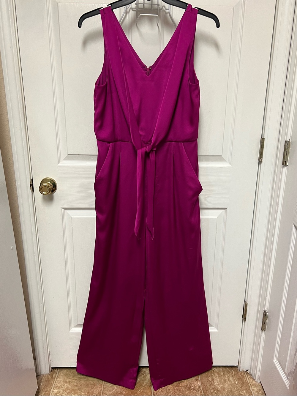 Antonio Melani Sleeveless V-Neck Magenta Jumpsuit with Waist Tie